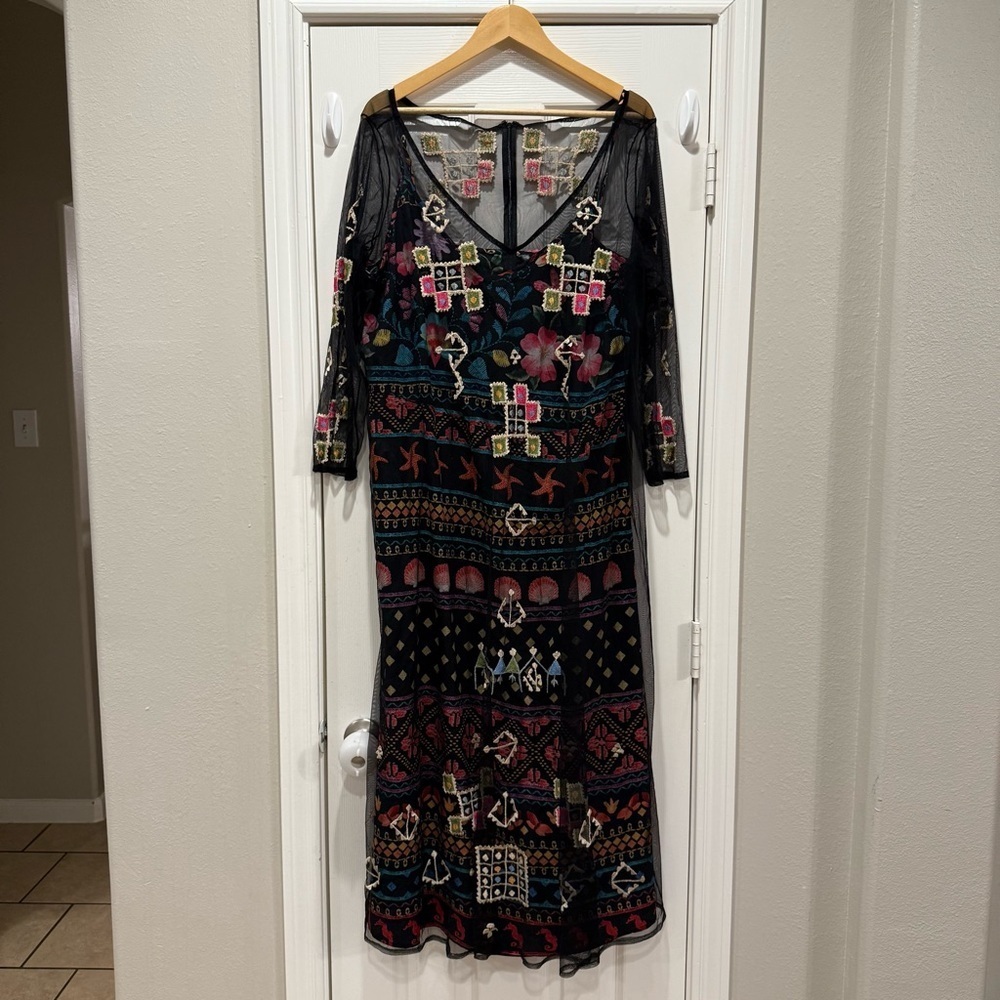 eShakti Maxi Dress Size 16 Black Floral Embroidery Tulle Overlay Ocean Bohemian - Picture 2 of 9